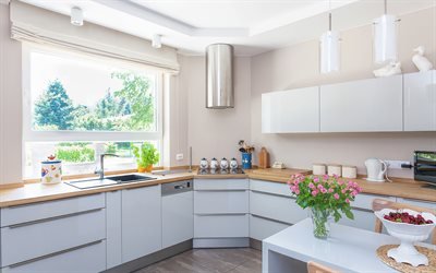 Modern kitchen design, light kitchen furniture, kitchen projects, stylish interior design, chrome hood for the kitchen