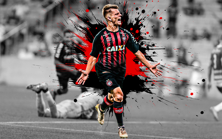 Leo Pereira, 4k, Brazilian football player, Atletico Paranaense, midfielder, red-black paint splashes, creative art, Serie A, Brazil, football, grunge