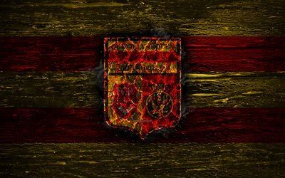 Quevilly-Rouen FC, fire logo, Ligue 2, yellow and red lines, french football club, grunge, football, soccer, US Quevilly-Rouen, wooden texture, Quevilly-Rouen logo, France, Quevilly Rouen Metropole, QRM