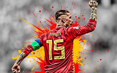 Sergio Ramos, Spagna squadra nazionale di calcio, difensore, spagnolo, giocatore di football, creativo, bandiera della Spagna, schizzi di vernice, Spagna, calcio