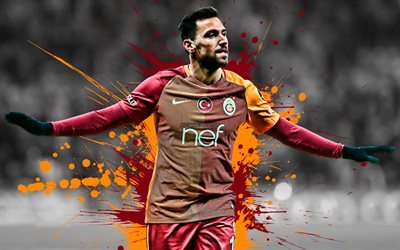 Sinan Gumus, 4k, Turkish football player, Galatasaray, striker, maroon orange paint splashes, creative art, Turkey, football, grunge