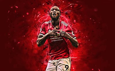 Romelu Lukaku, goal, Manchester United FC, joy, Belgian footballers, neon lights, forward, Premier League, Lukaku, soccer, football, Man United