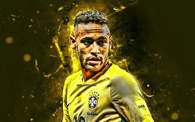 Neymar, close-up, estrelas do futebol, A Sele&#231;&#227;o Do Brasil, fundo amarelo, Neymar JR, futebol, criativo, luzes de neon, Time de futebol brasileiro