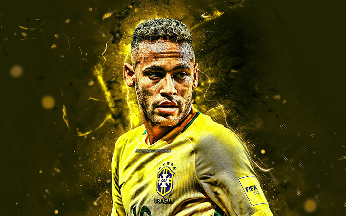 Neymar, l&#228;hikuva, jalkapallo t&#228;hte&#228;, Brasilian Maajoukkueen, keltainen tausta, Neymar JR, jalkapallo, luova, neon valot, Brasilian jalkapallojoukkue