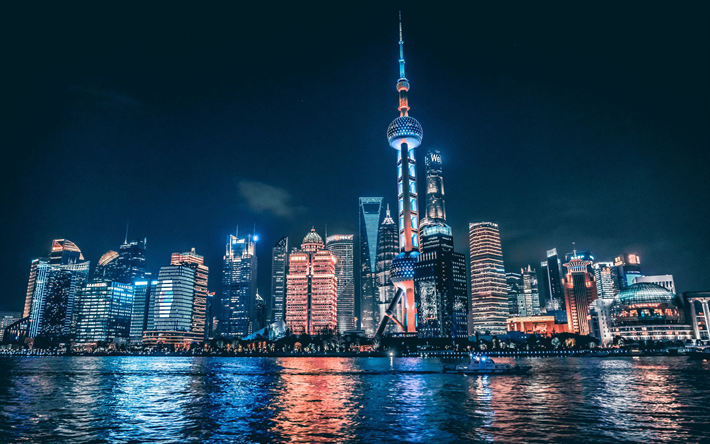 4k, Oriental Pearl Tower, la nuit, Shanghai, paysages urbains, la Rivi&#232;re Huangpu, la tour de la T&#201;L&#201;VISION, en Chine, en Asie, &#224; Shanghai, la Tour de T&#201;L&#201;VISION
