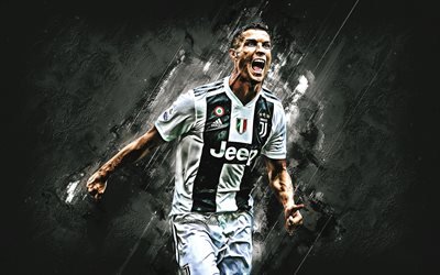 Cristiano Ronaldo, white stone, Portuguese footballers, Juventus FC, soccer, Serie A, joy, Juve, Ronaldo, football, CR7 Juve, grunge, Italy