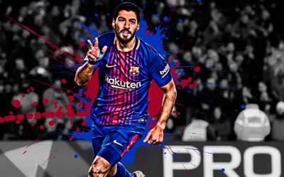 Luis Suarez, 4k, Uruguayan football player, FC Barcelona, striker, maroon blue paint splashes, creative art, La Liga, Spain, football, grunge