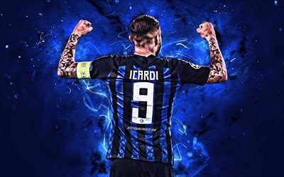 Icardi, back view, Internazionale FC, argentine footballers, forward, Serie A, Mauro Icardi, football, soccer, Italy, neon lights, Inter Milan FC