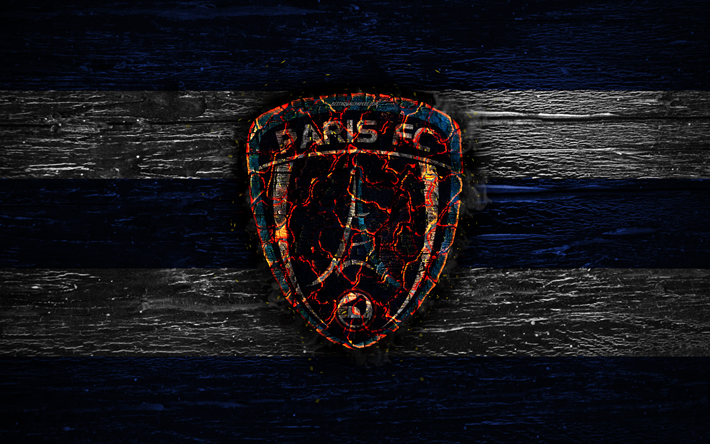 Paris FC, fire logo, Ligue 2, blue and white lines, french football club, grunge, football, soccer, FC Paris, wooden texture, Paris FC logo, France