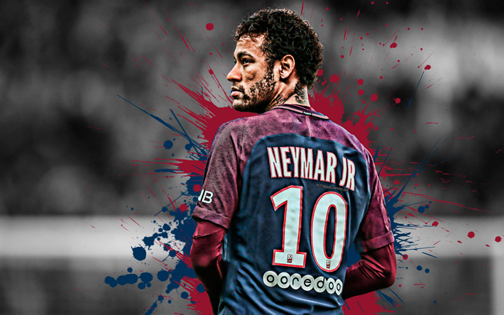 Neymar Jr, 4k, Paris Saint-Germain, Brasiliansk fotbollsspelare, PSG, anfallare, claret bl&#229; f&#228;rg st&#228;nk, kreativ konst, Liga 1, Frankrike, fotboll, grunge