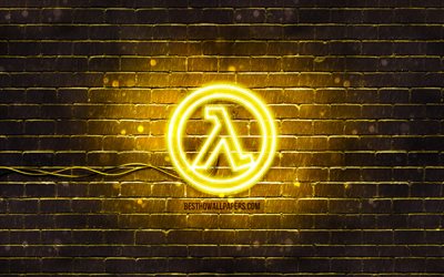 Logo jaune Half-Life, 4k, mur de briques jaune, logo Half-Life, jeux 2020, logo au n&#233;on Half-Life, Half-Life