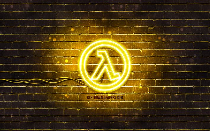 Logo giallo Half-Life, 4k, muro di mattoni giallo, logo Half-Life, giochi 2020, logo al neon Half-Life, Half-Life