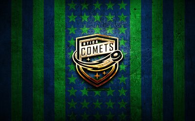 Utica Comets flag, AHL, blue green metal background, american hockey team, Utica Comets logo, USA, hockey, golden logo, Utica Comets