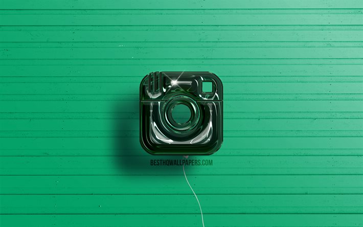 Instagramの3Dロゴ, 4K, ソーシャルネットワーク, 濃い緑色のリアルな風船, Instagramのロゴ, 緑の木製の背景, Instagram