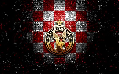 Club Tijuana FC, glitter logo, Liga MX, red white checkered background, soccer, mexican football club, Club Tijuana logo, mosaic art, football, Club Tijuana