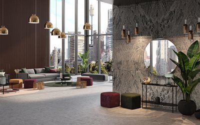 luxury interior design, living room, gold metal fixtures, black marble walls, gray marble floor in the living room
