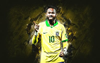 Neymar Jr, Brazil national football team, portrait, yellow stone background, Brazil, football