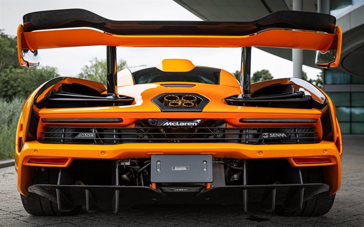 McLaren Senna, vue arri&#232;re, hypercar orange, supercar orange, voitures de sport britanniques, McLaren