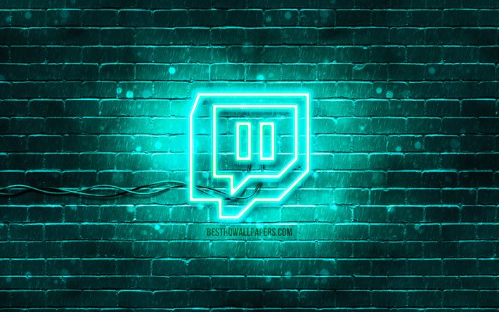 Logo turchese Twitch, 4k, muro di mattoni turchese, logo Twitch, social network, logo neon Twitch, Twitch