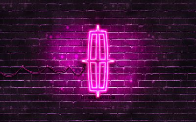 lincoln lila logo, 4k, lila brickwall, lincoln logo, automarken, lincoln neon logo, lincoln
