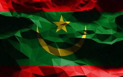 4k, drapeau mauritanien, art low poly, pays africains, symboles nationaux, drapeau de la Mauritanie, drapeaux 3D, Mauritanie, Afrique, drapeau 3D de la Mauritanie