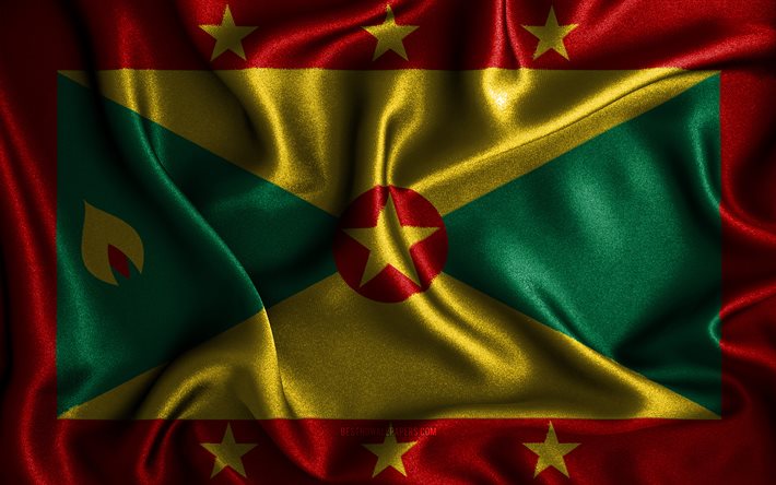 Grenadian flag, 4k, silk wavy flags, North American countries, national symbols, Flag of Belize, fabric flags, Grenada flag, 3D art, Grenada, North America, Grenada 3D flag