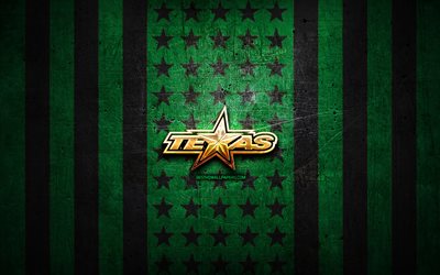 Texas Stars flag, AHL, green black metal background, american hockey team, Texas Stars logo, USA, hockey, golden logo, Texas Stars