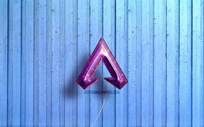 4k, logo Apex Legends, palloncini realistici viola, logo 3D Apex Legends, sfondi in legno blu, Apex Legends