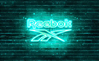 Reebok logo turquoise, 4k, brickwall turquoise, logo Reebok, marques de mode, logo Reebok n&#233;on, Reebok