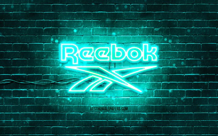 Logo turchese Reebok, 4k, muro di mattoni turchese, logo Reebok, marchi di moda, logo neon Reebok, Reebok
