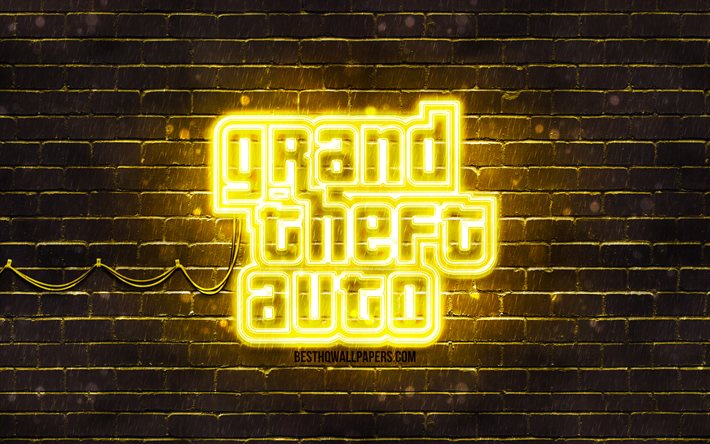 Logotipo amarelo GTA, 4k, parede de tijolos amarela, Grand Theft Auto, logotipo GTA, logotipo GTA neon, GTA, logotipo Grand Theft Auto