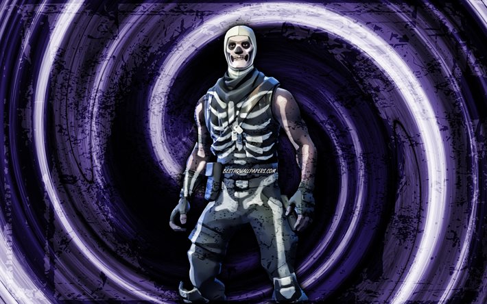 4k, Skull Trooper, violet grunge background, Fortnite, vortex, Fortnite characters, Skull Trooper Skin, Fortnite Battle Royale, Skull Trooper Fortnite