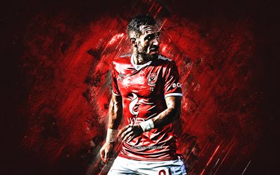 Ali Maaloul, Al Ahly SC, tunisian footballer, portrait, red stone background, football