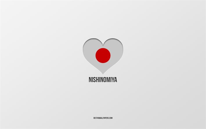 Amo Nishinomiya, citt&#224; giapponesi, sfondo grigio, Nishinomiya, Giappone, cuore della bandiera giapponese, citt&#224; preferite, Love Nishinomiya