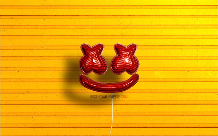 Marshmello logo, 4K, Christopher Comstock, red realistic balloons, american DJs, Marshmello 3D logo, Marshmello, yellow wooden backgrounds, DJ Marshmello