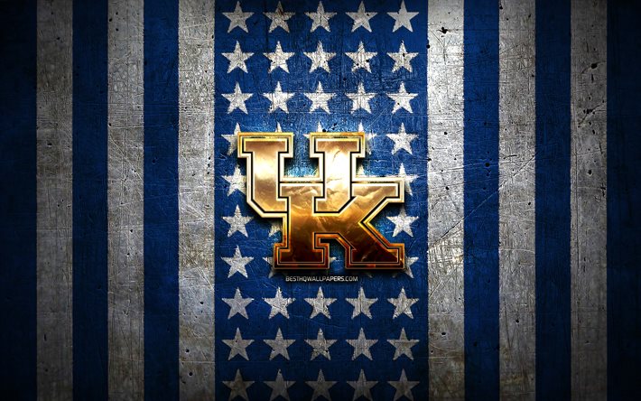 Kentucky Wildcats flagga, NCAA, bl&#229; vit metall bakgrund, amerikansk fotbollslag, Kentucky Wildcats logotyp, USA, amerikansk fotboll, gyllene logotyp, Kentucky Wildcats