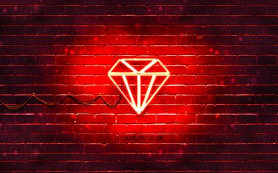 Ruby neon icon, 4k, red gem, neon symbols, Ruby, gems, neon icons, Ruby sign, gems signs, red background, Ruby icon, gems icons