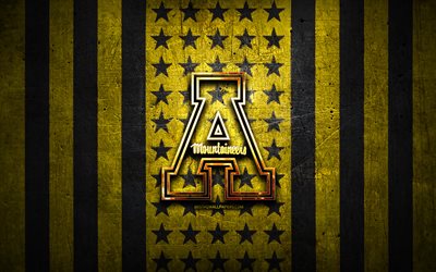 Appalachian State Mountaineers flag, NCAA, yellow black metal background, american football team, Appalachian State Mountaineers logo, USA, american football, golden logo, Appalachian State Mountaineers