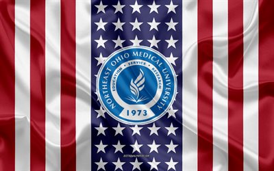 Northeast Ohio Medical University Emblem, American Flag, Northeast Ohio Medical University logo, Rootstown, Ohio, USA, Northeast Ohio Medical University