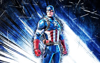 4k, Captain America Skin, grunge art, Fortnite Battle Royale, blue abstract rays, Fortnite karakterleri, Captain America, Fortnite, Captain America Fortnite