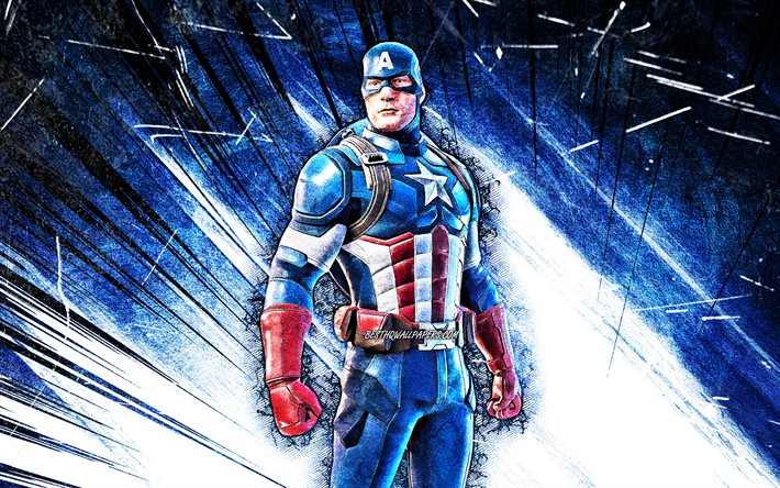 4k, Captain America Skin, arte grunge, Fortnite Battle Royale, raios abstratos azuis, Fortnite personagens, Capit&#227;o Am&#233;rica, Fortnite, Capit&#227;o Am&#233;rica Fortnite