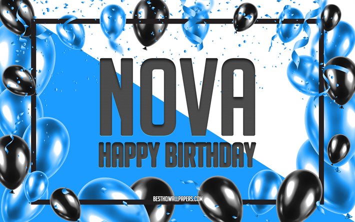 誕生日おめでとう, 誕生日風船の背景, ノヴァ, 名前の壁紙, 青い風船の誕生の背景, ノヴァの誕生日