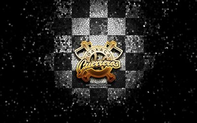 Guerreros de Oaxaca, glitter logo, LMB, white black checkered background, mexican baseball team, Guerreros de Oaxaca logo, Mexican Baseball League, mosaic art, baseball, Mexico