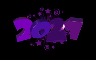 2021 Ano Novo, 2021 3D fundo roxo, fundo preto, letras roxas 3D, 2021 conceitos, Feliz Ano Novo 2021, 3d 2021 arte