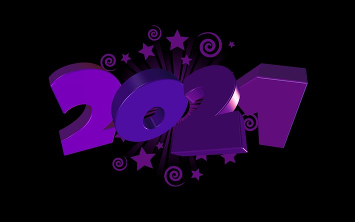 2021 ny&#229;r, 2021 3d lila bakgrund, svart bakgrund, lila 3d bokst&#228;ver, 2021 koncept, gott nytt &#229;r 2021, 3d 2021 konst
