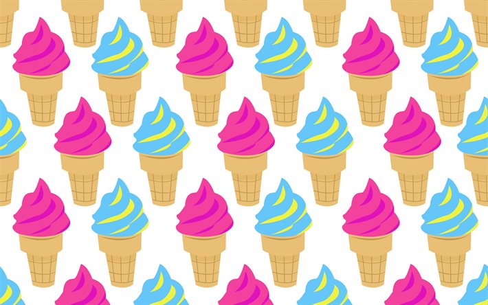 アイスクリームパターン, 4k, 食感, アイスクリームの背景, ベクトルテクスチャ, フードパターン