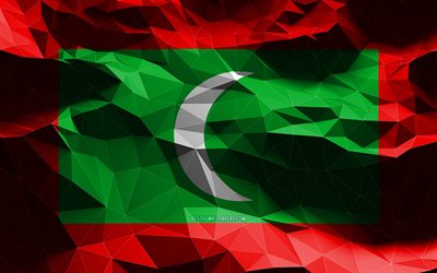 4k, Maldivler bayrağı, d&#252;ş&#252;k poli sanat, Asya &#252;lkeleri, ulusal semboller, Maldivler Bayrağı, 3D bayraklar, Maldivler, Asya, Maldivler 3D bayrak