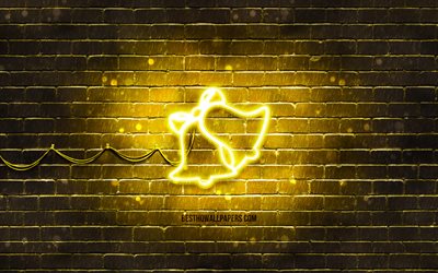 Two bells neon icon, 4k, yellow background, neon symbols, Two bells, creative, neon icons, Two bells sign, holidays signs, Two bells icon, holidays icons