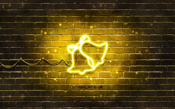 Two bells neon icon, 4k, yellow background, neon symbols, Two bells, creative, neon icons, Two bells sign, holidays signs, Two bells icon, holidays icons