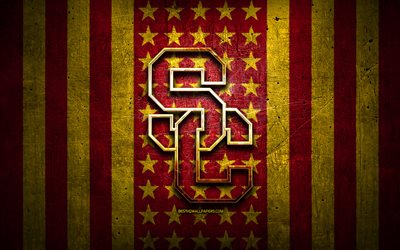 Bandiera USC Trojans, NCAA, sfondo giallo rosso, squadra di football americano, logo USC Trojans, USA, football americano, logo dorato, TROJAN USC